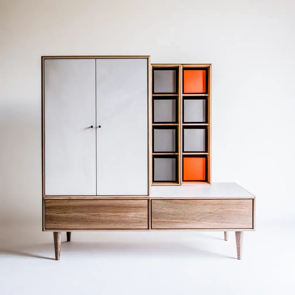Mueble de entrada con espejo y compartimentos laterales - marrón/blanco/naranja