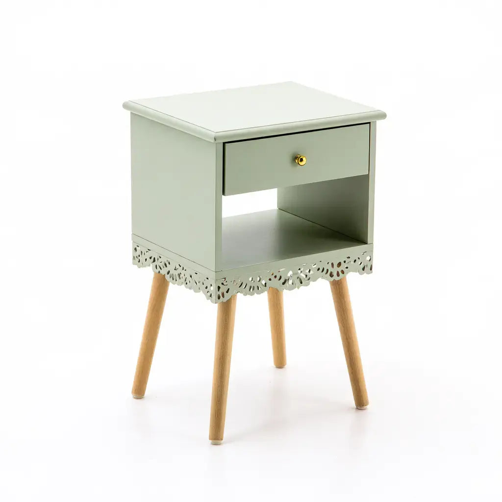 Mesita de noche con cajón y borde inferior decorado - verde/beige