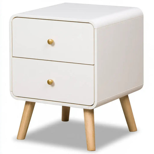Mesita de noche con dos cajones de bordes suaves - blanco/beige