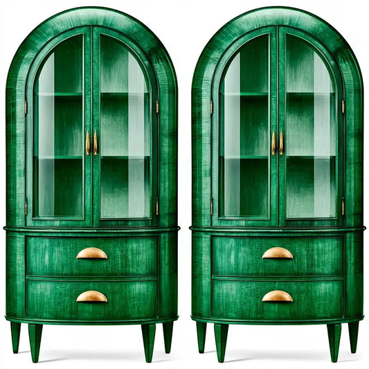 Juego de vitrinas con puertas arqueadas y cajones - verde