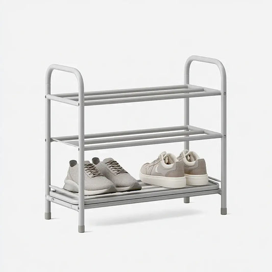 Zapatero con tres estantes y estructura tubular - plateado